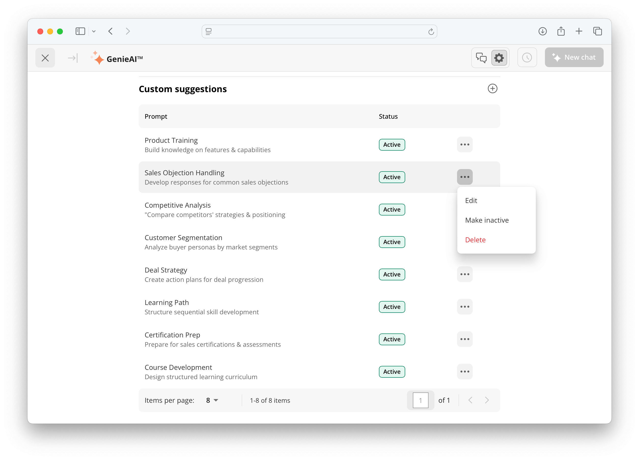 Screenshot 3: Custom suggestions table with columns for Prompt and Status