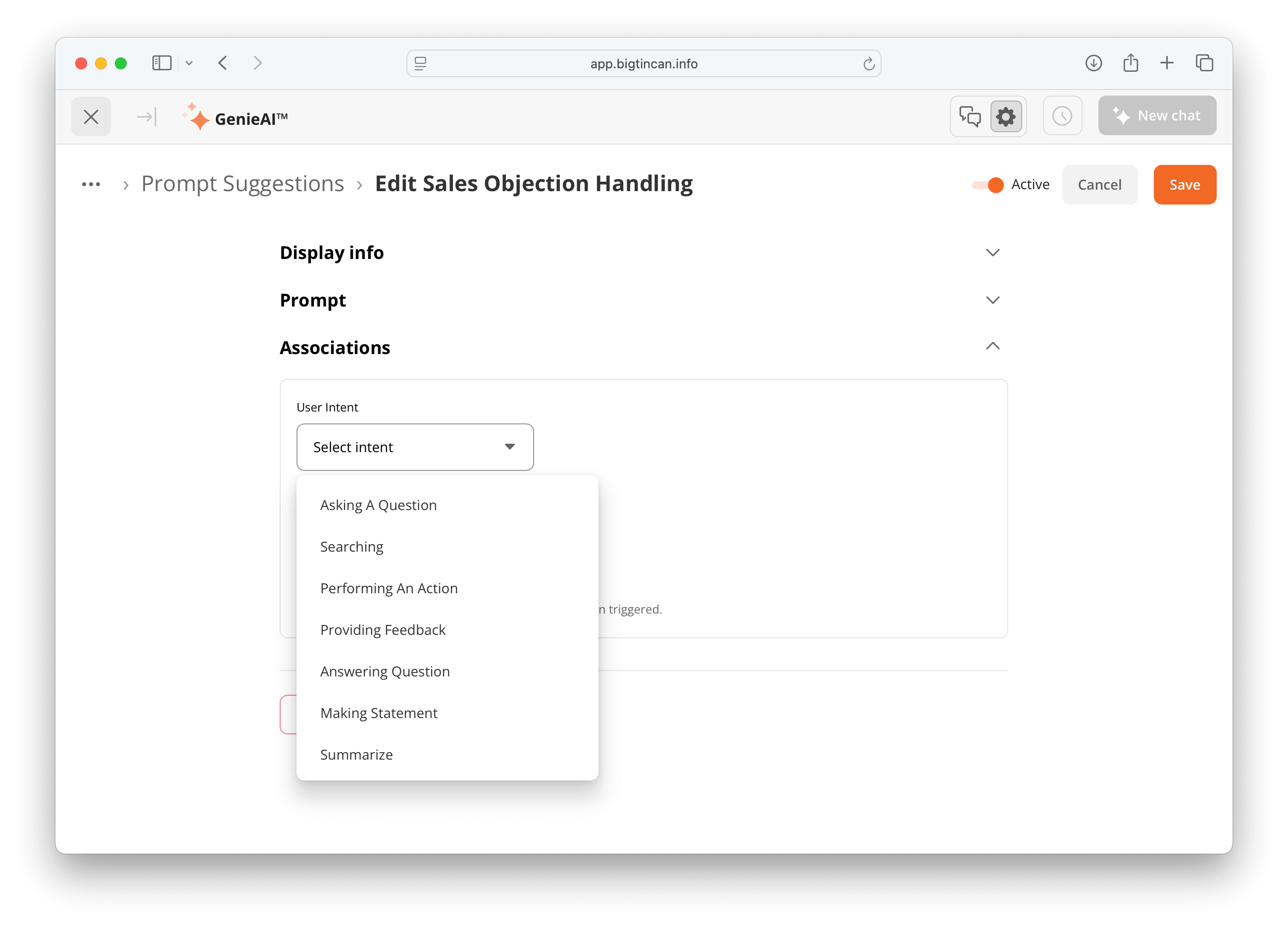 Screenshot 5: User Intent dropdown menu opened showing available intent options