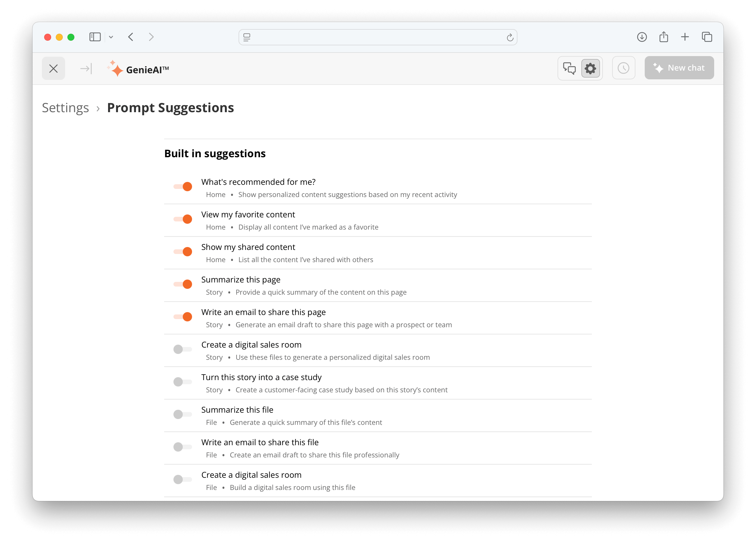 Screenshot 2: Built-in suggestions section showing three default options with orange toggle switches