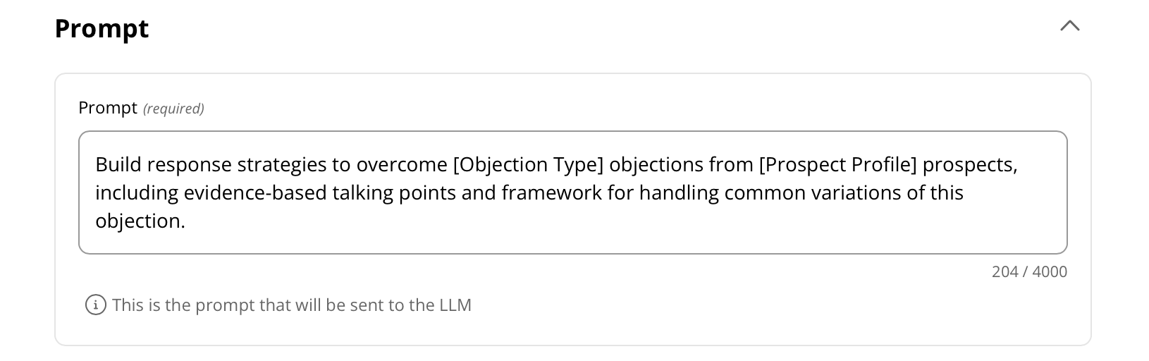 Prompt text field showing an example with template fields in square brackets